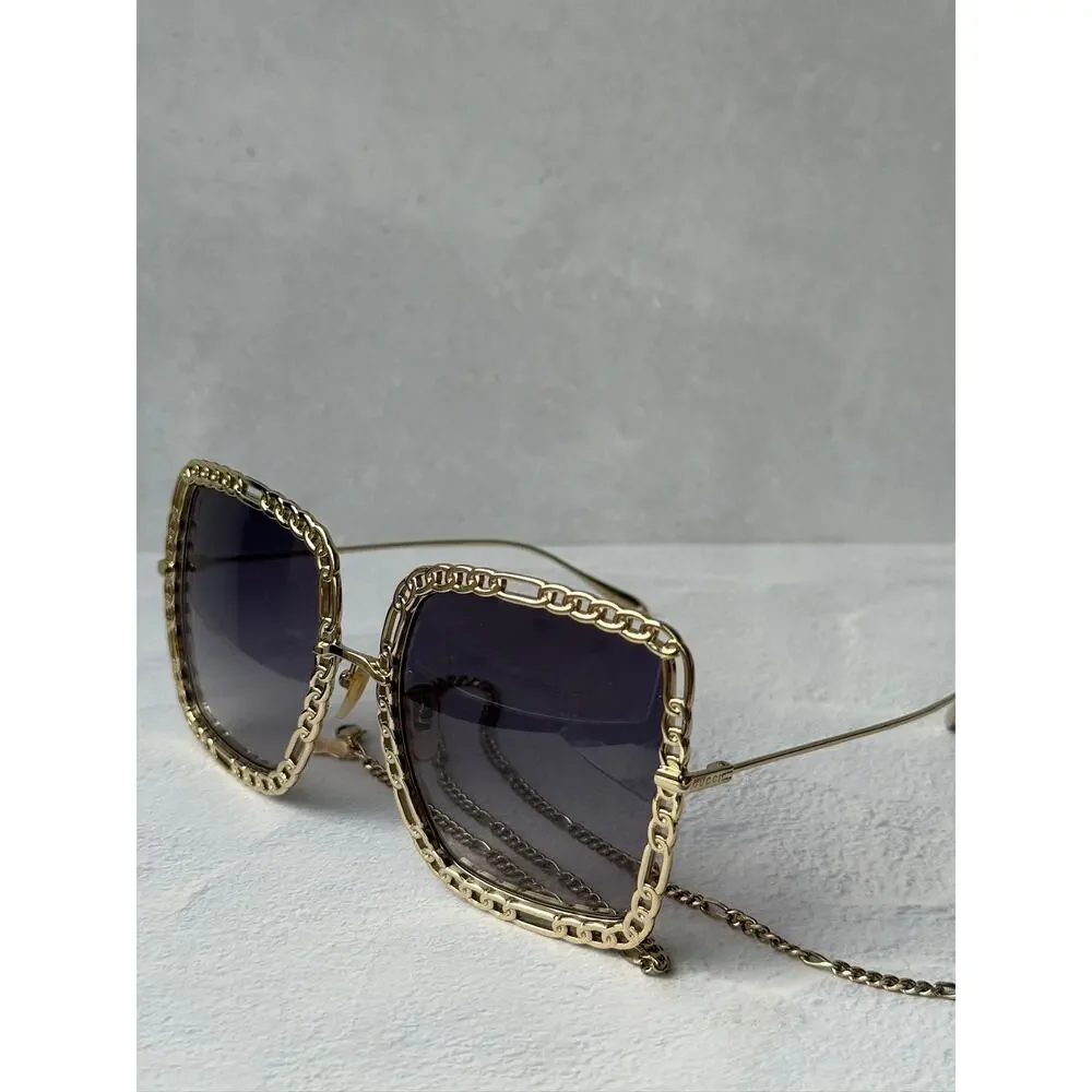 NEW Gucci GG1033S Oversized Gold Grey Lens Chain Sunglasses